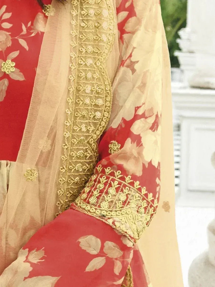 Red floral ethnic gown with sheer beige dupatta and gold embroidery details
