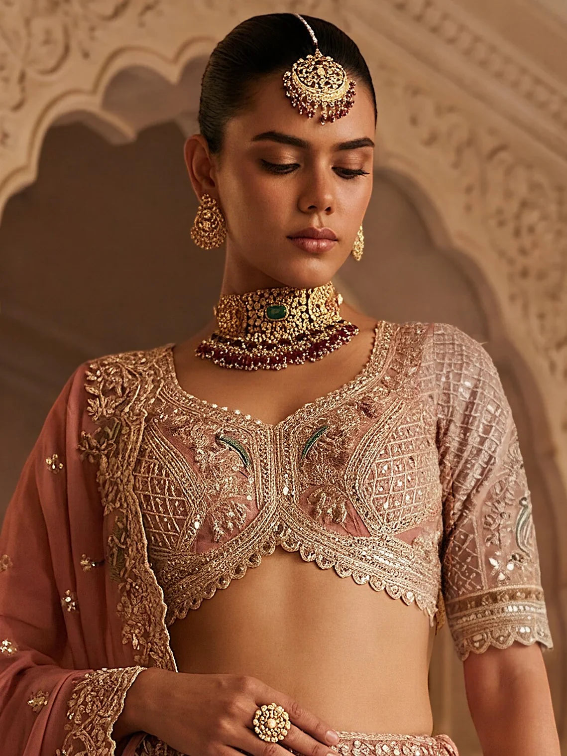 Royal Peach Heavy Embroidered Tissue Wedding Wear Lehenga With Blouse