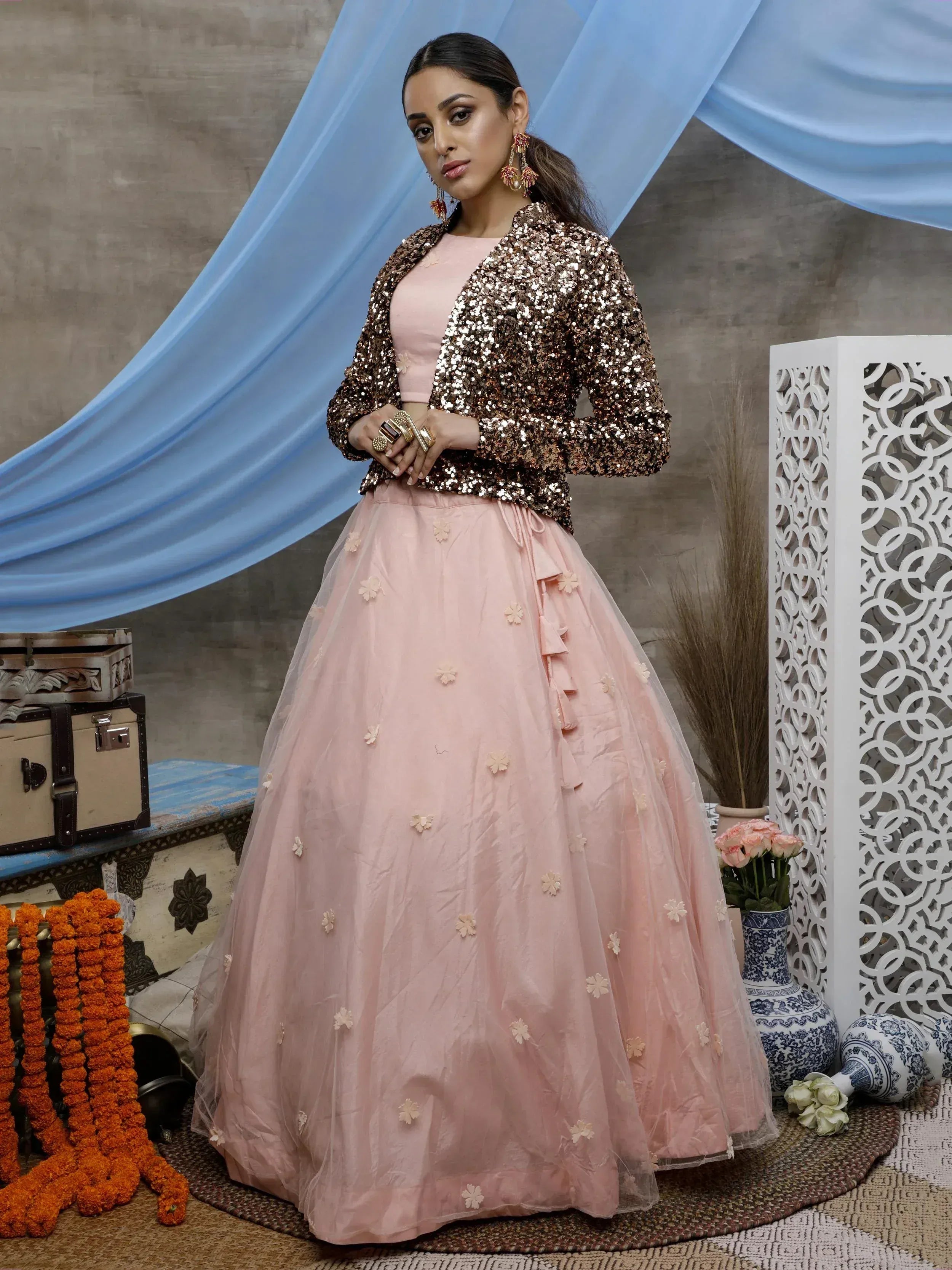Pink floral lehenga with gold sequin jacket, ethnic Indian wear for weddings and festivals