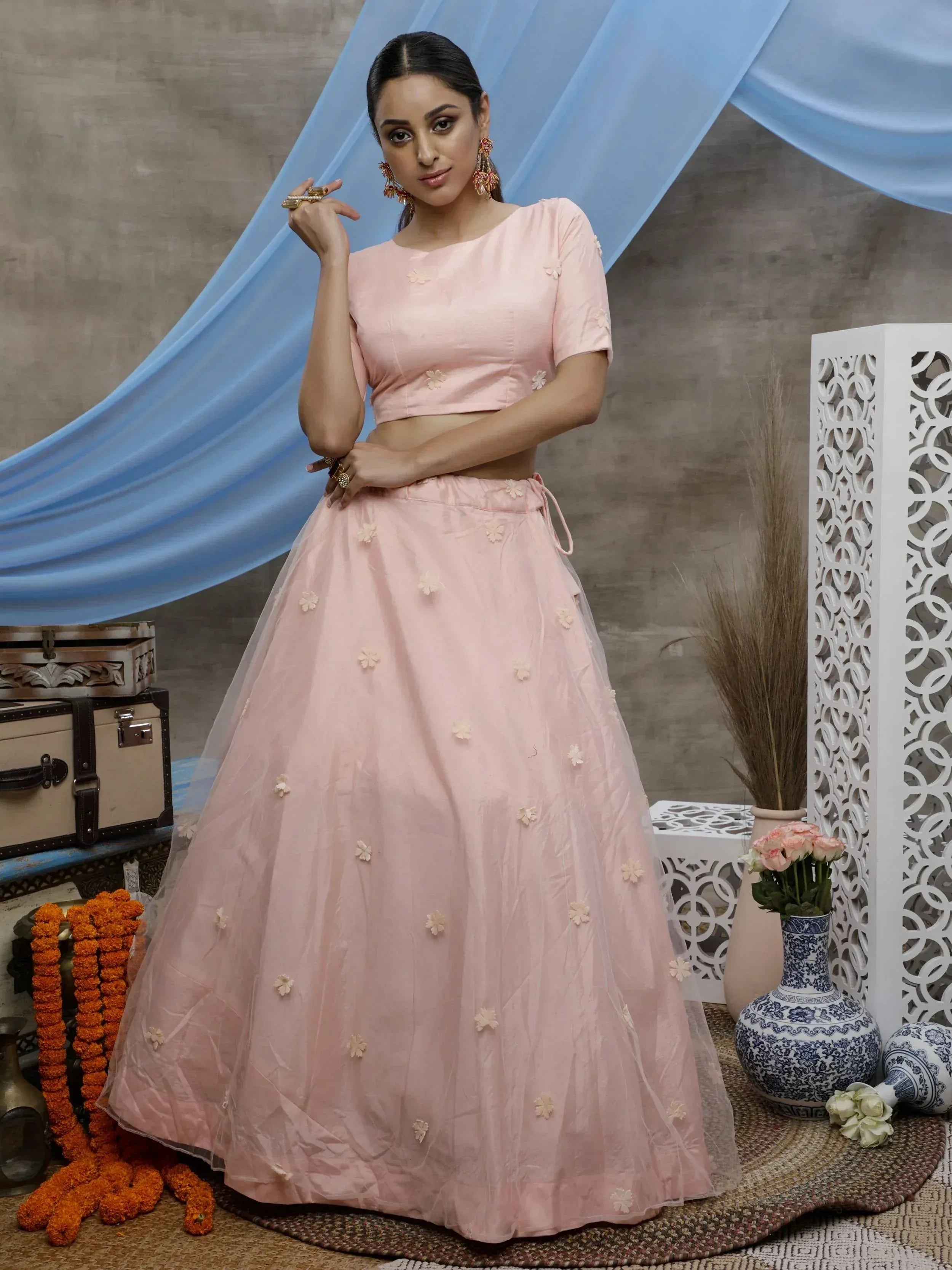 Pink floral lehenga choli with crop top, perfect for Indian ethnic wear occasions