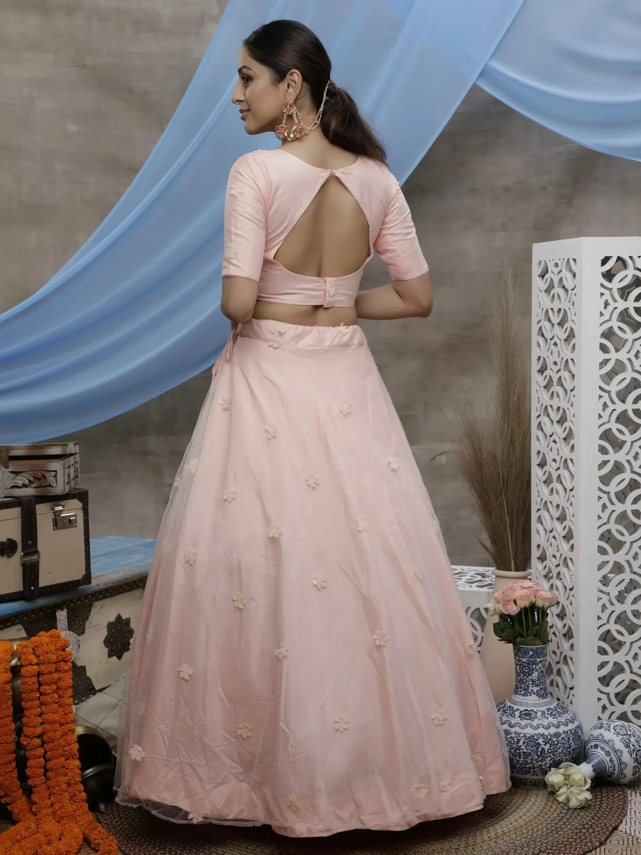 Pink floral lehenga choli with open back blouse, ethnic Indian wear for women