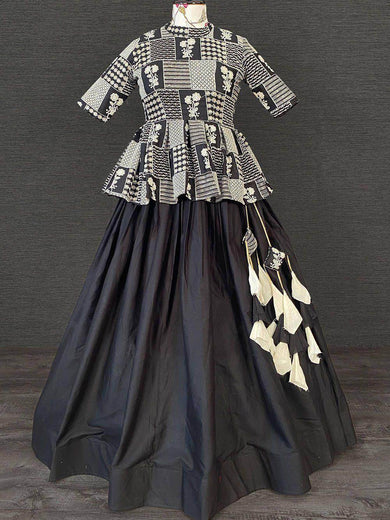 Pretty Black Embroidered Cotton Readymade Peplum Top Lehenga