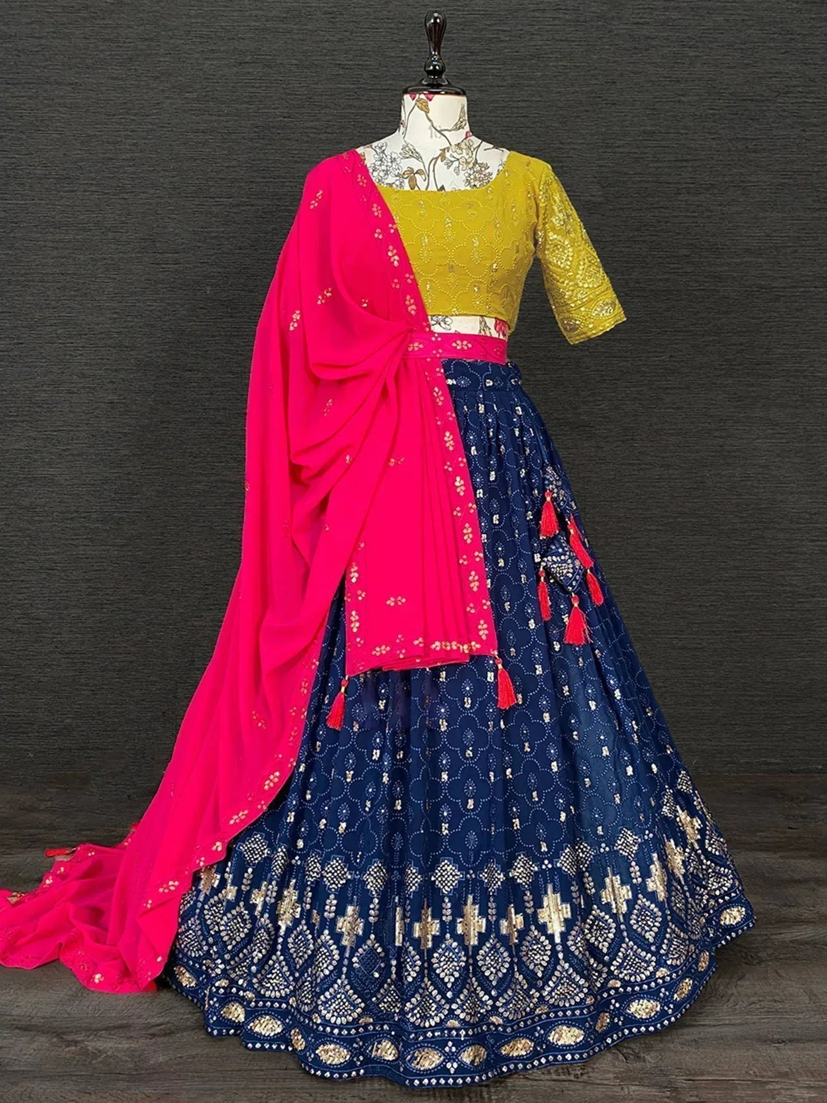 Blue and yellow designer lehenga choli with pink dupatta, ethnic Indian wear for women