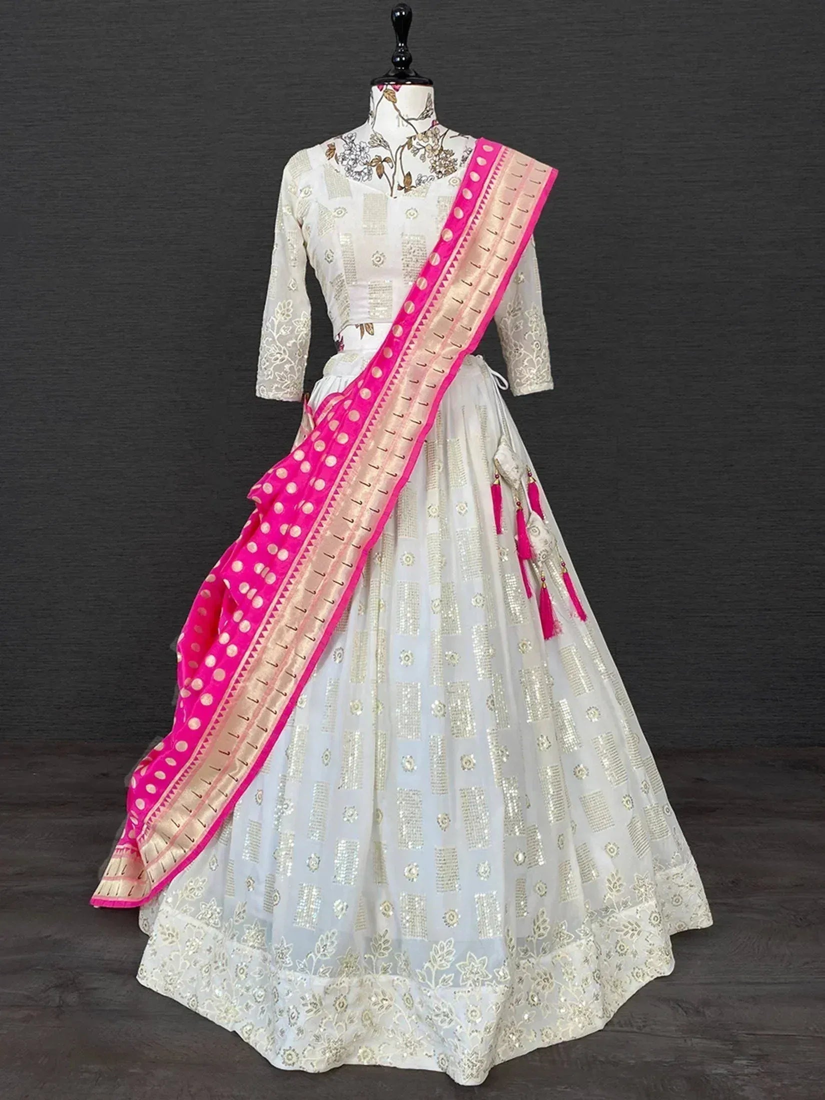 White embroidered lehenga choli with pink polka dot dupatta, Indian ethnic wear for women