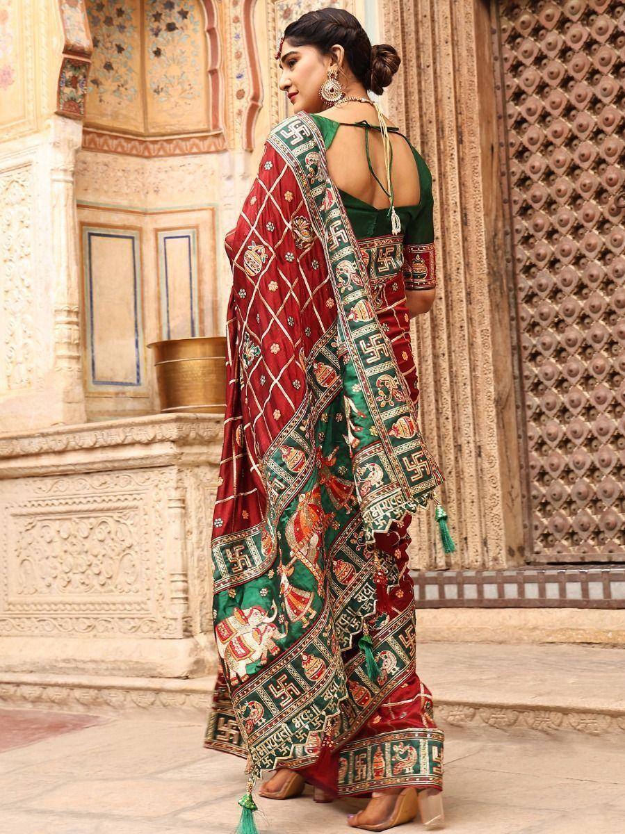 Fascinating Red Embroidered Silk Wedding Wear Panetar Saree With Blouse