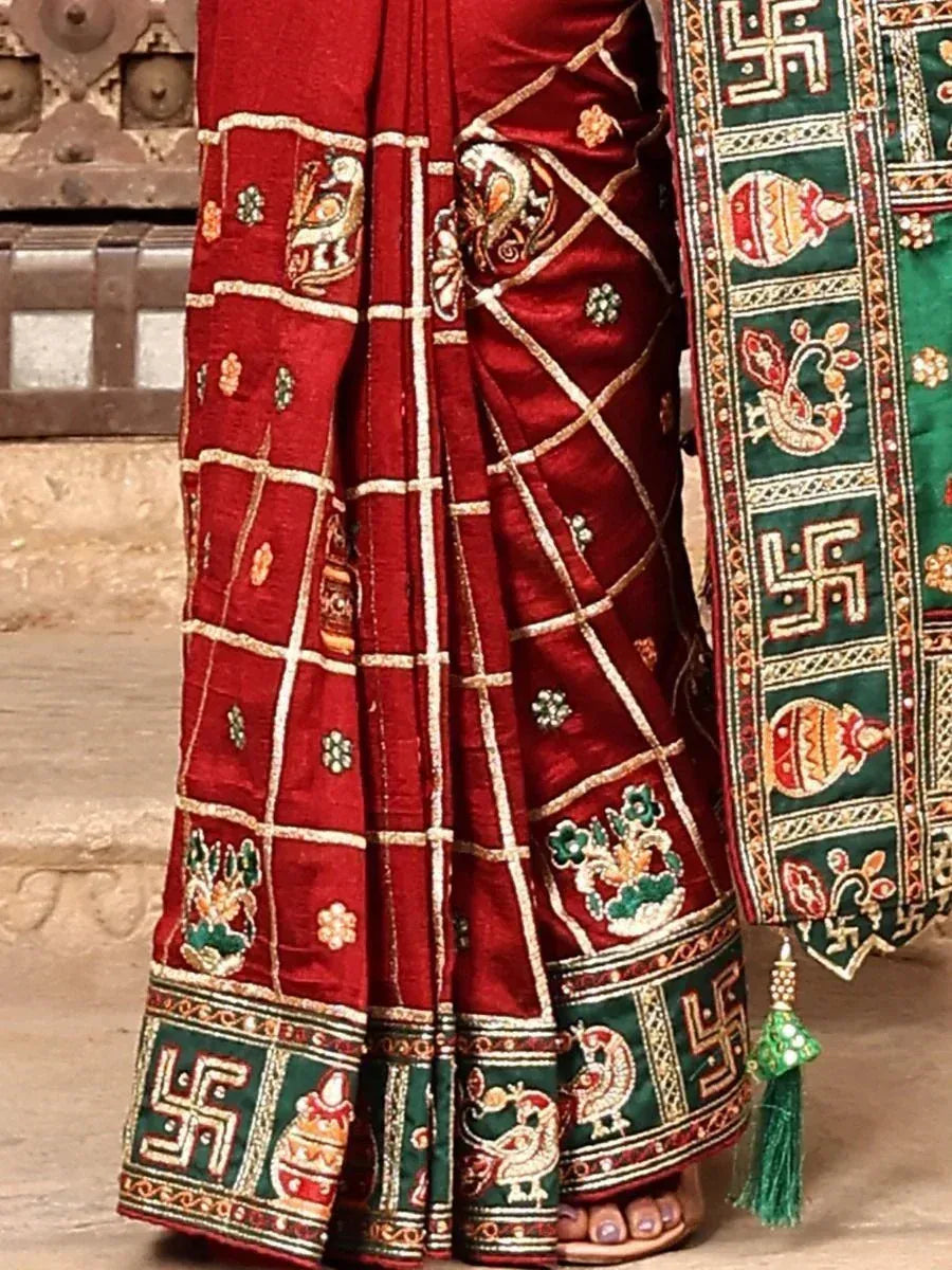 Fascinating Red Embroidered Silk Wedding Wear Panetar Saree With Blouse