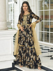 Memorable Black Sequins Georgette Sharara Suit With Net Dupatta