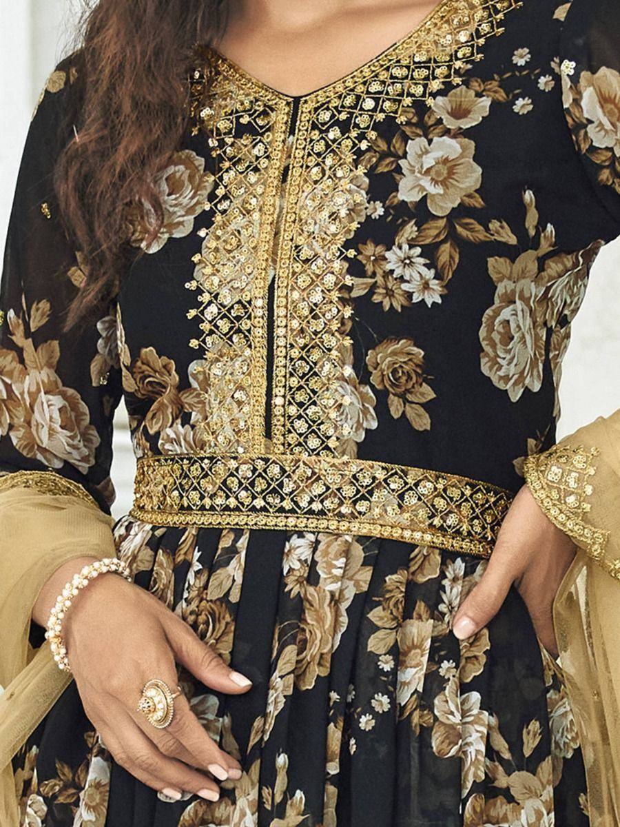 Black floral printed ethnic gown with gold embroidery and dupatta, perfect for Indian occasions