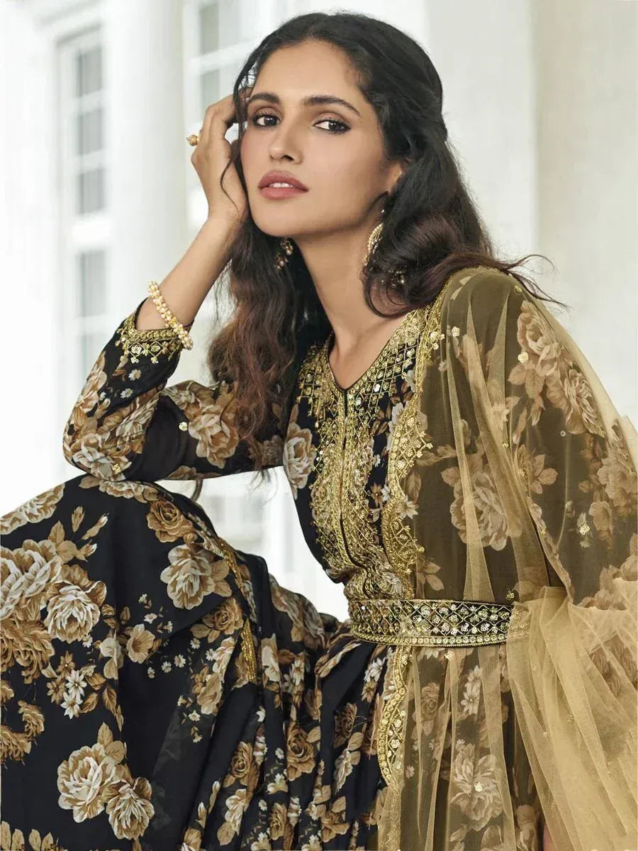 Black and gold floral embroidered salwar kameez with sheer dupatta, ethnic Indian wear