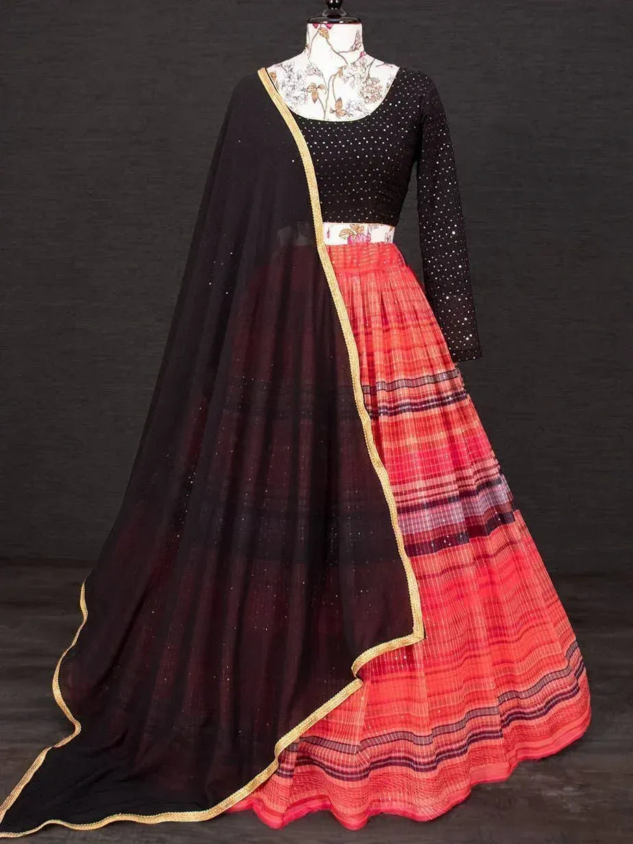 Black and red plaid lehenga choli with gold trim, ethnic Indian wear for women