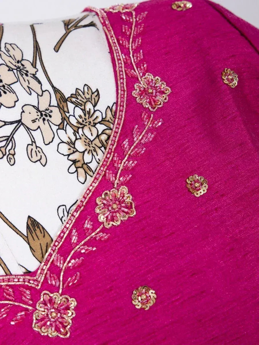 Pink embroidered ethnic top with floral print and gold detailing, perfect for Indian wear