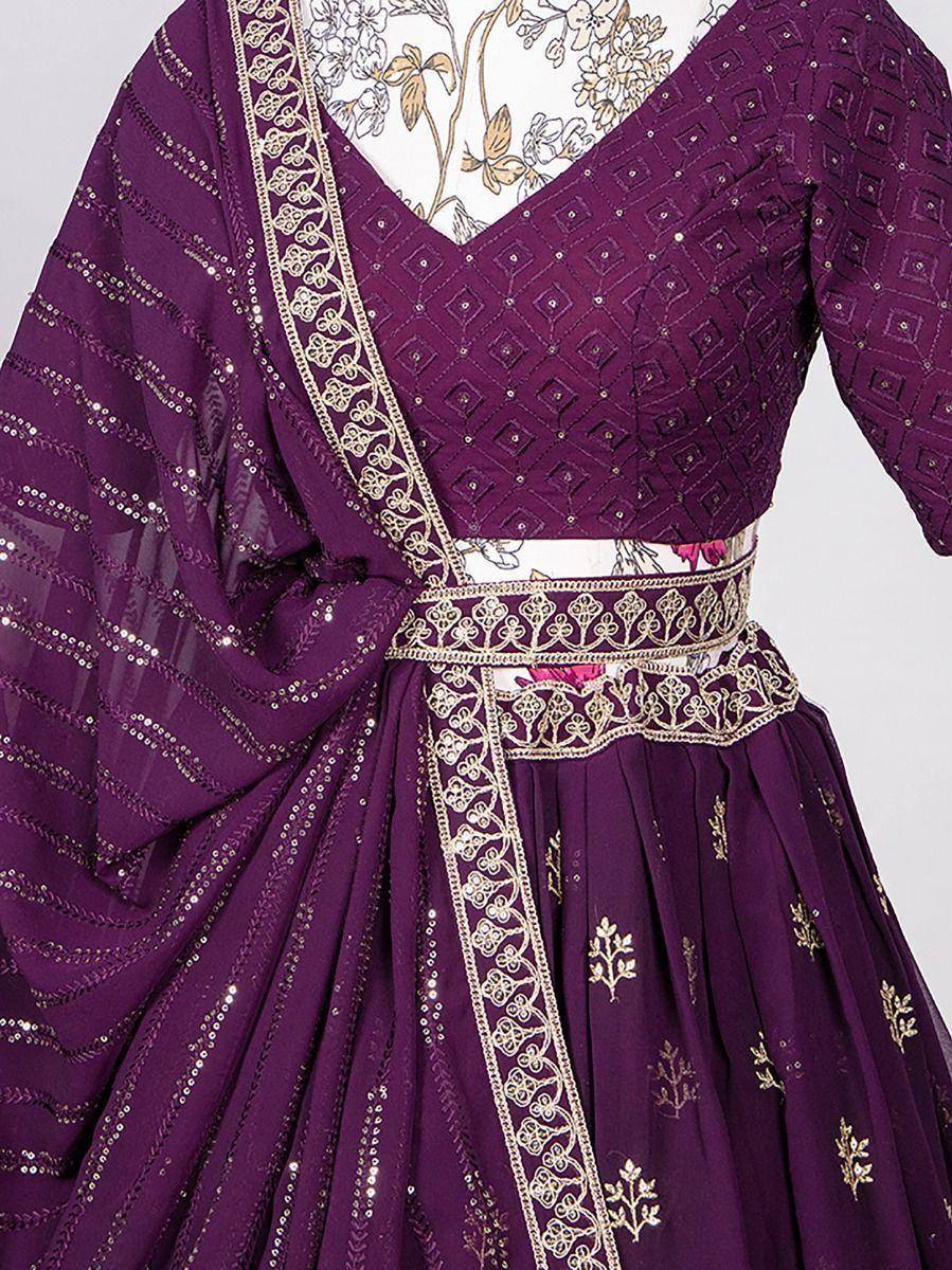 Purple designer lehenga choli with gold embroidery and sequin detailing, perfect for Indian ethnic wear