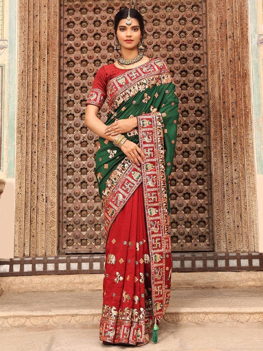 Woman in red and green printed saree with traditional motifs, styled for Indian ethnic wear occasions