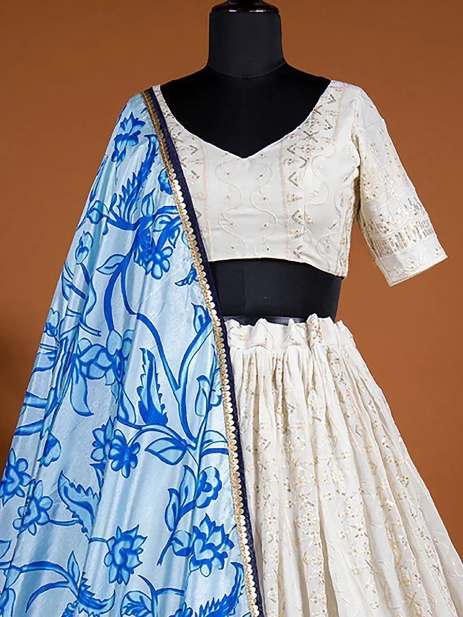 Cream embroidered lehenga choli with blue floral dupatta, Indian ethnic wear