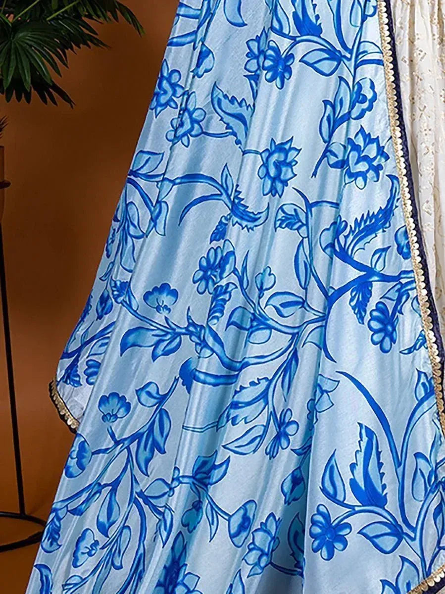 Blue floral printed lehenga skirt with gold trim, Indian ethnic wear