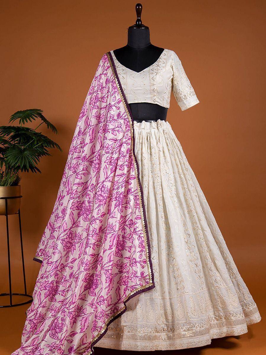 White embroidered lehenga choli with pink floral dupatta, Indian ethnic wear for women