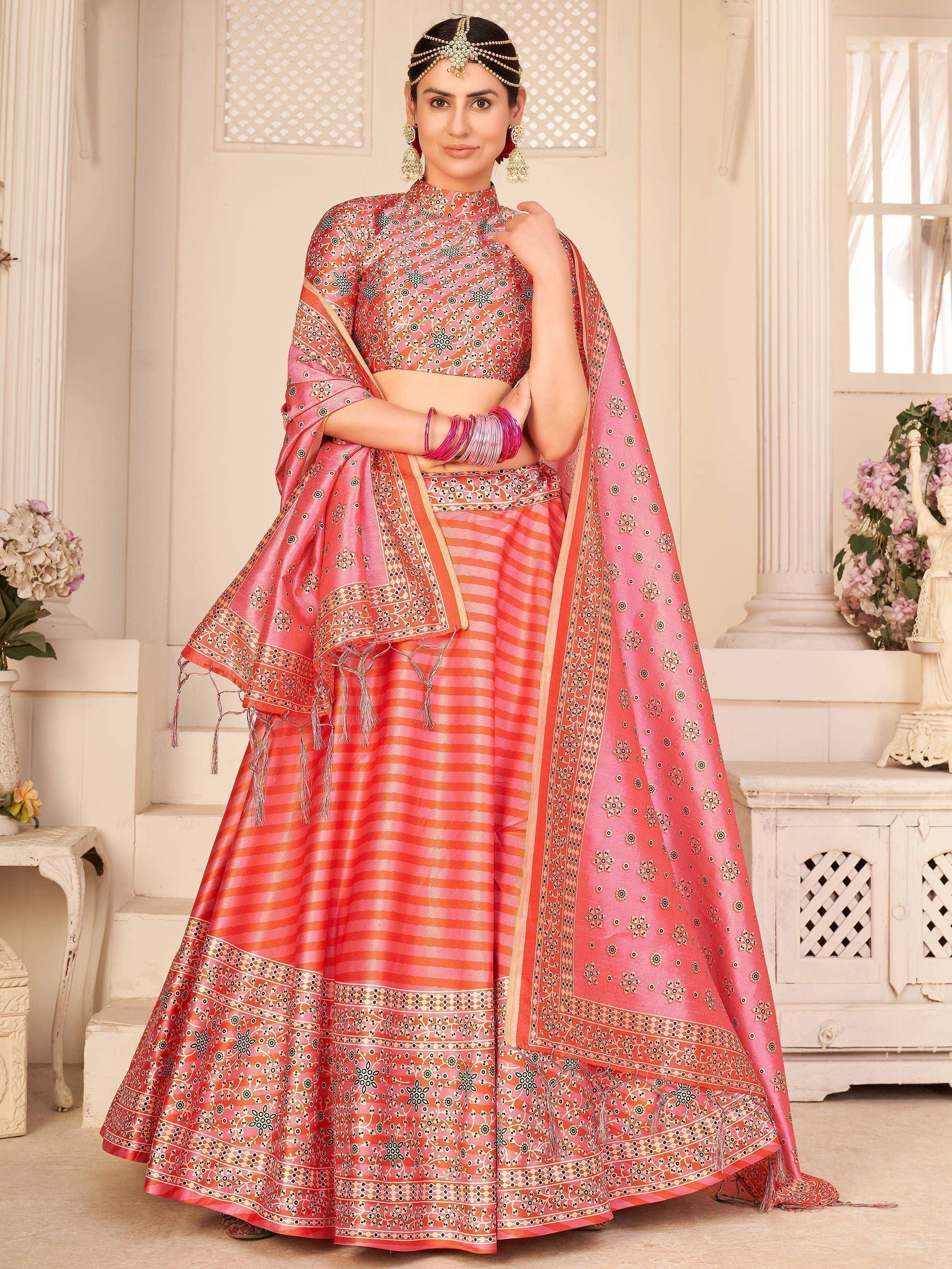 Pink and orange printed lehenga choli with dupatta, ethnic Indian wear for women