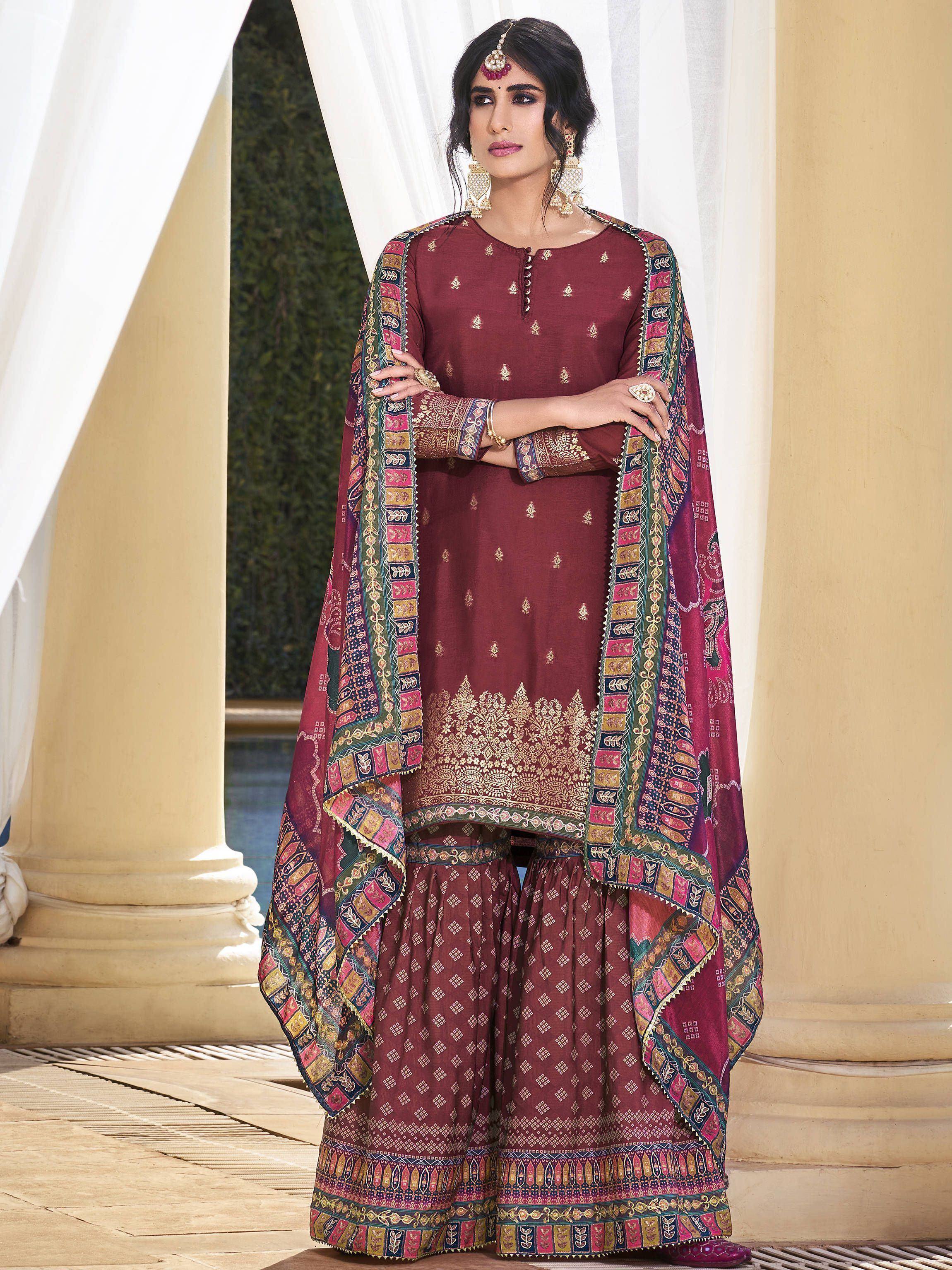 Maroon embroidered salwar kameez with printed dupatta, ethnic Indian wear for women