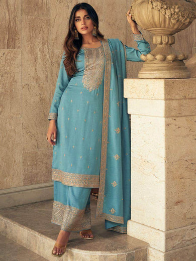 Irresistible Sky Blue Thread Embroidery Silk Event Wear Suit