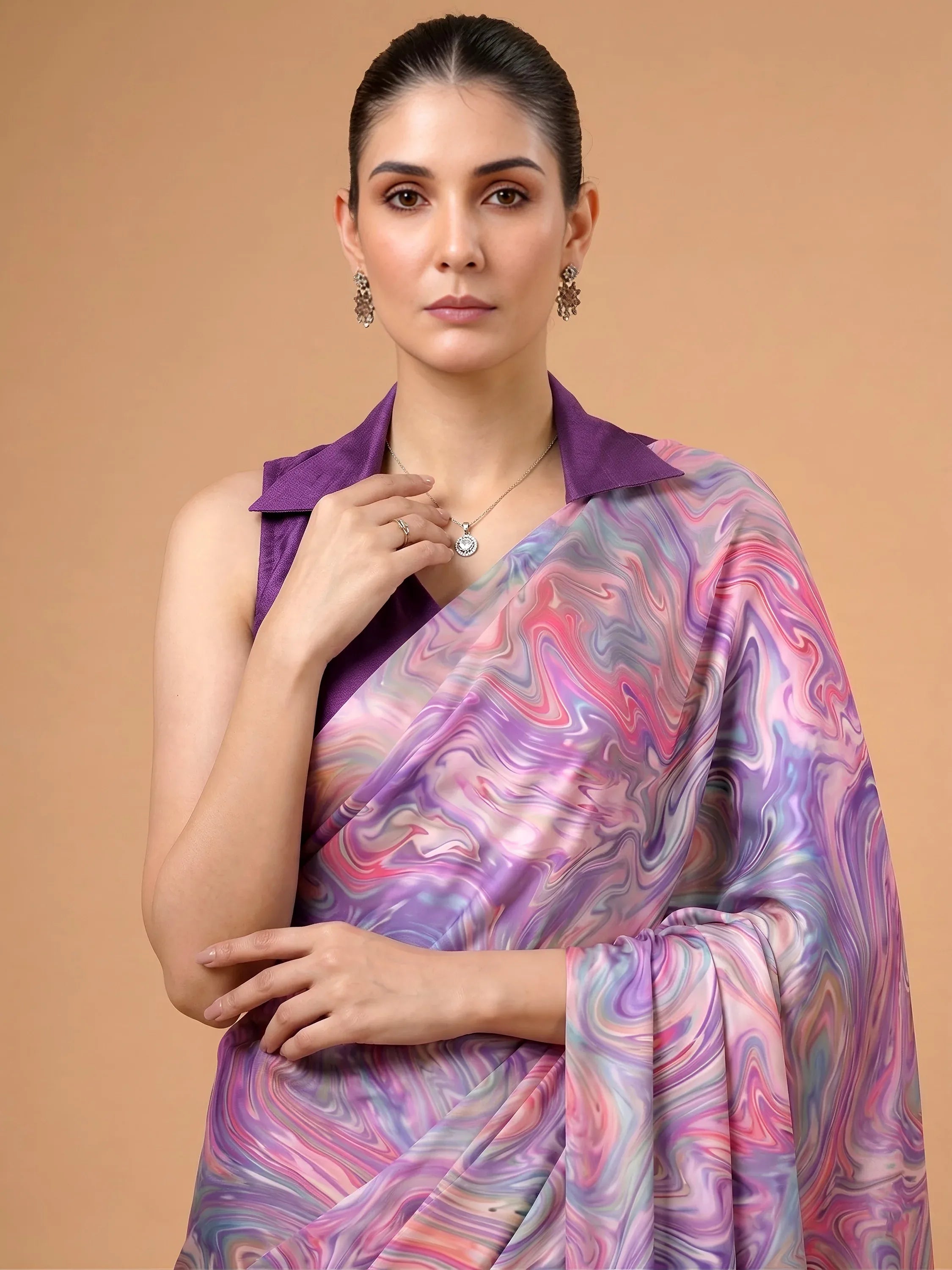 Charming Lavender Digital Printed Satin Festive Wear Saree With Blouse