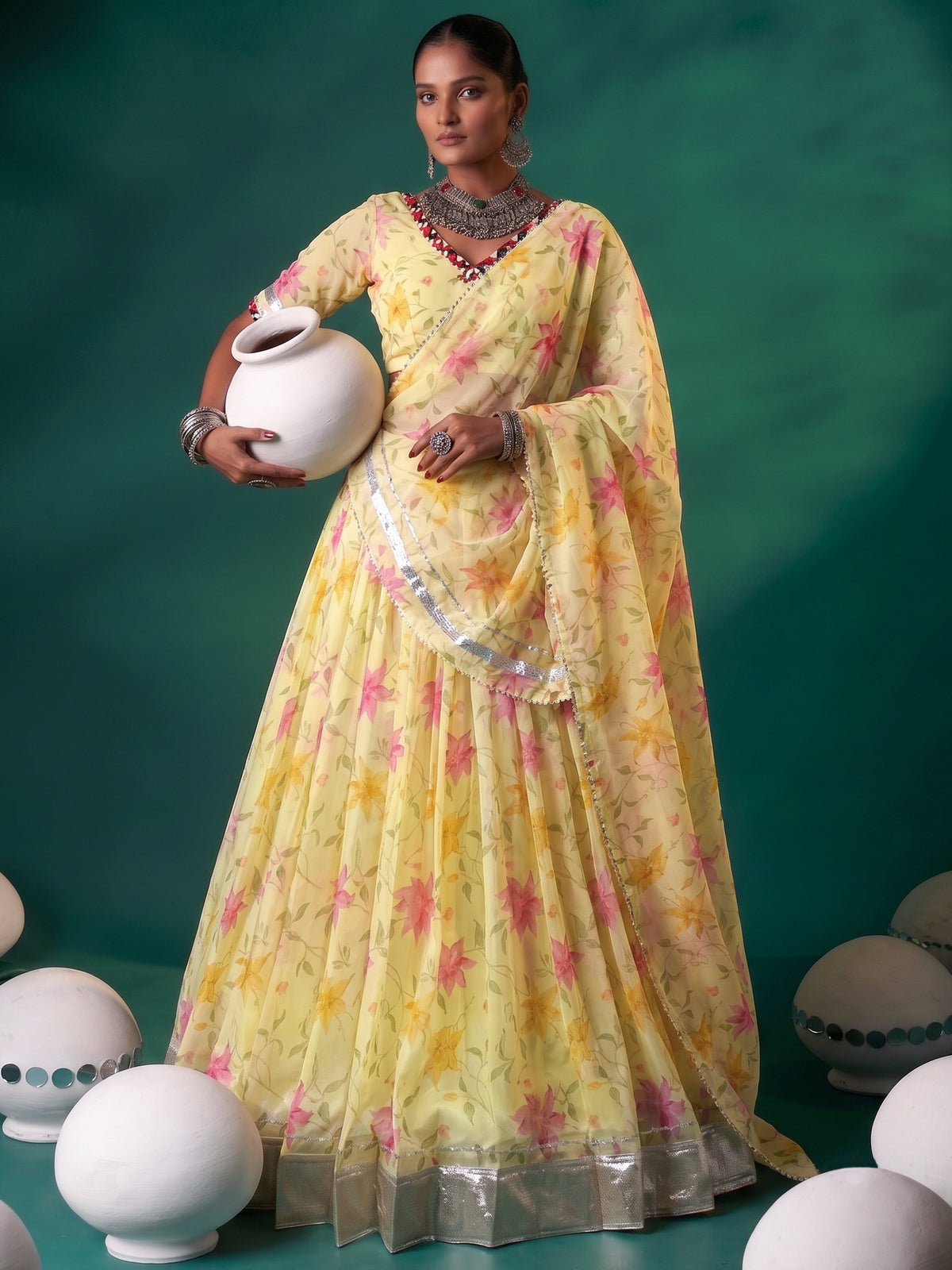 Notable Yellow Floral Printed Silk Haldi Wear Lehenga Choli With Dupatta