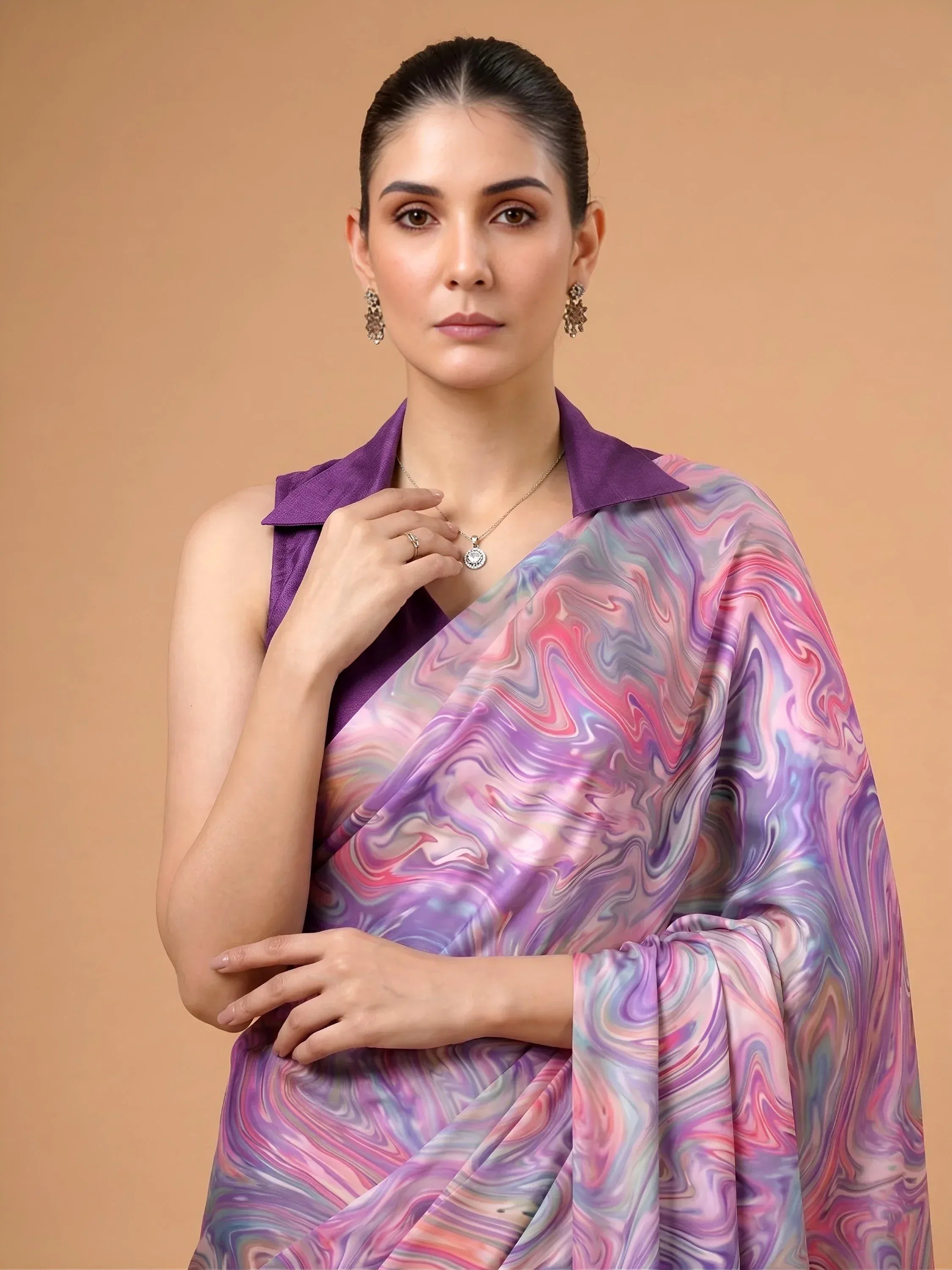 Charming Lavender Digital Printed Satin Festive Wear Saree With Blouse