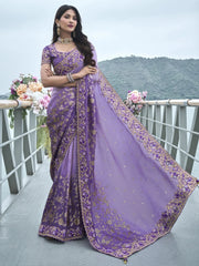 Captivating Lavender Zari Work Organza Silk Engagement Wear Saree