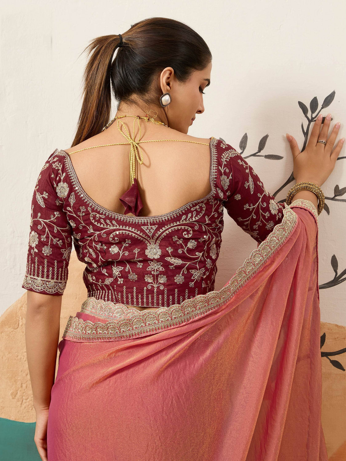 Maroon embroidered blouse with back tie and pink saree, Indian ethnic wear