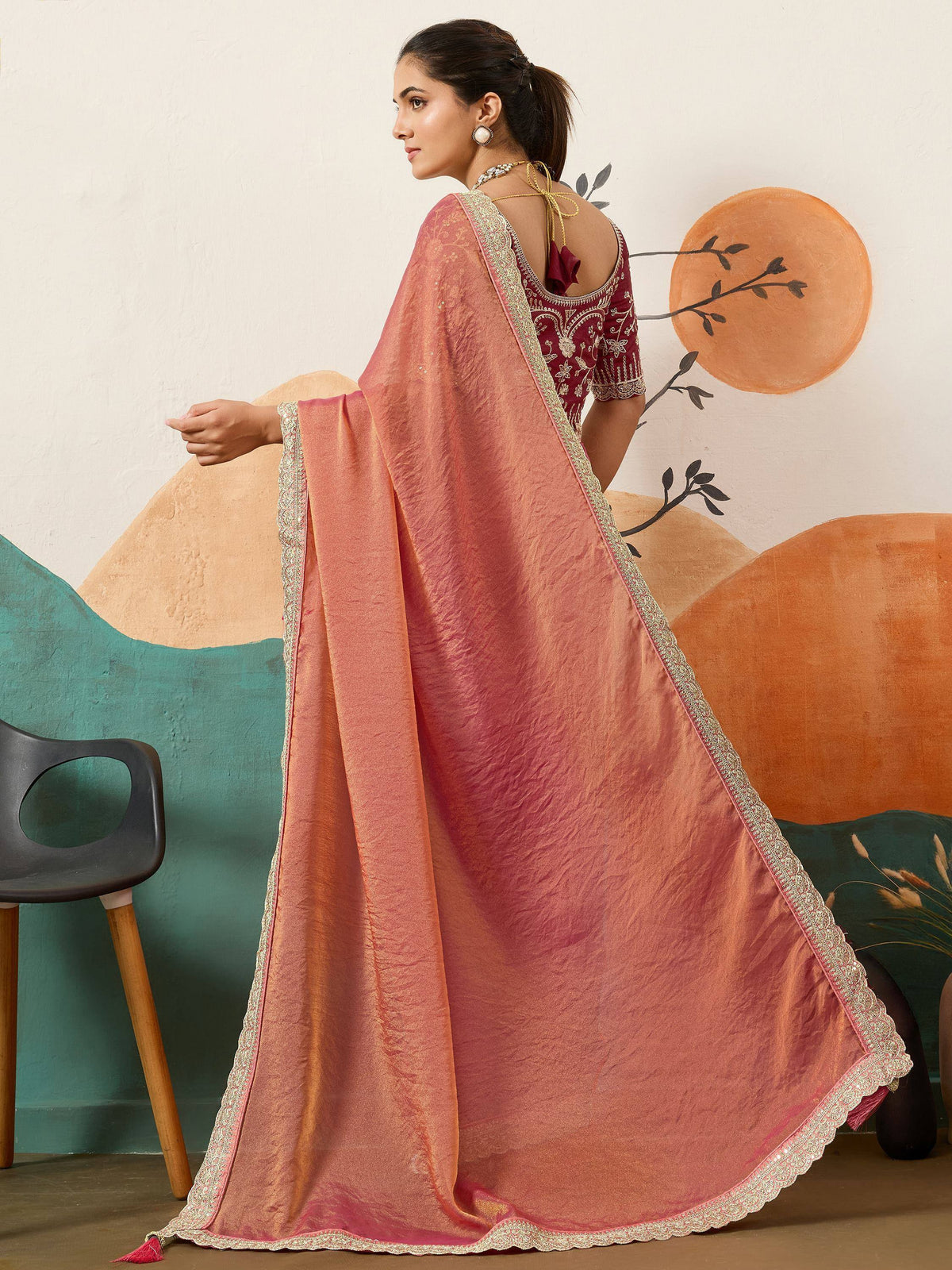 Elegant maroon embroidered lehenga choli with peach dupatta for Indian ethnic wear