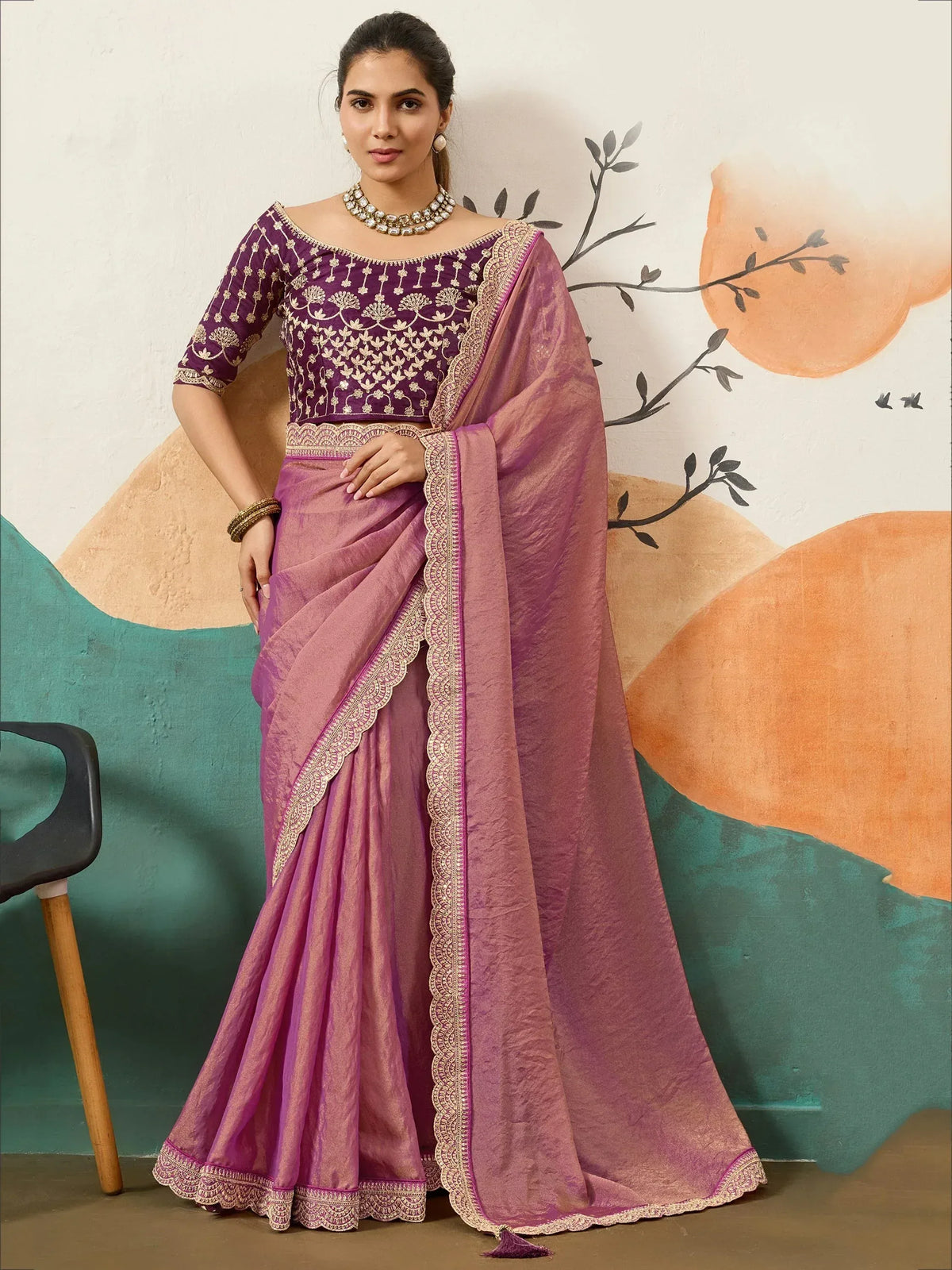 Purple embroidered saree with gold lace, perfect for Indian ethnic wear occasions