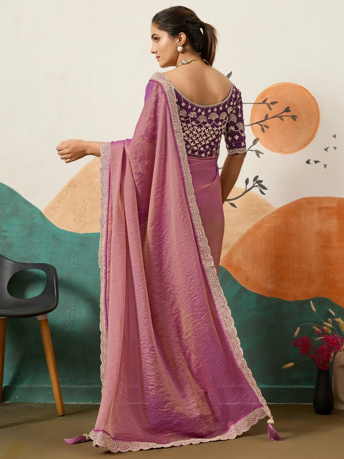 Purple embroidered saree with golden lace border, elegant Indian ethnic wear for women