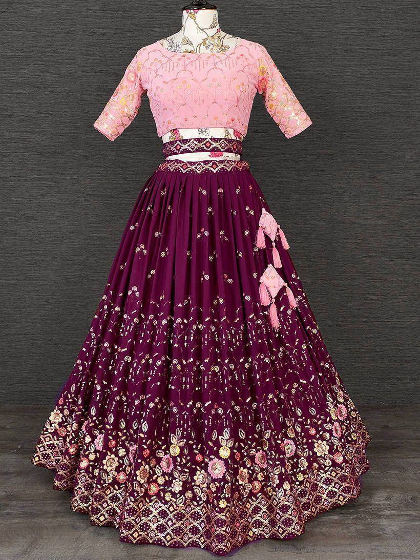Pink embroidered blouse with maroon floral lehenga, perfect for Indian ethnic wear occasions