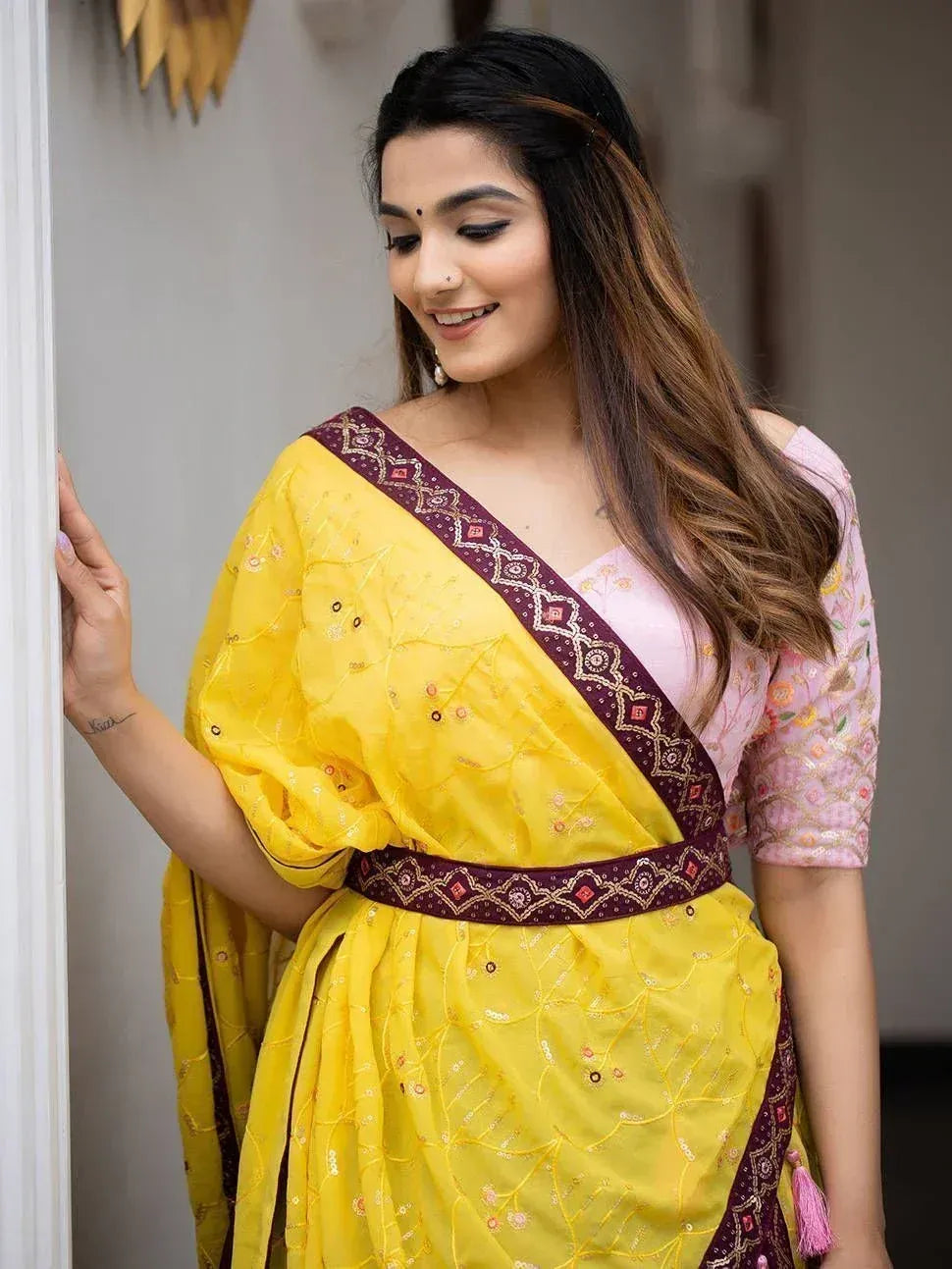 Yellow embroidered saree with pink blouse, ethnic Indian wear for women