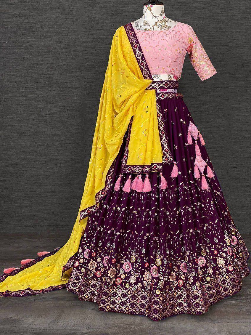 Purple floral lehenga choli with pink blouse and yellow dupatta, ethnic Indian wear
