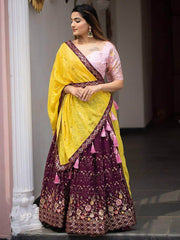 Beautiful Wine Thread Work Georgette Wedding Wear Lehenga Choli