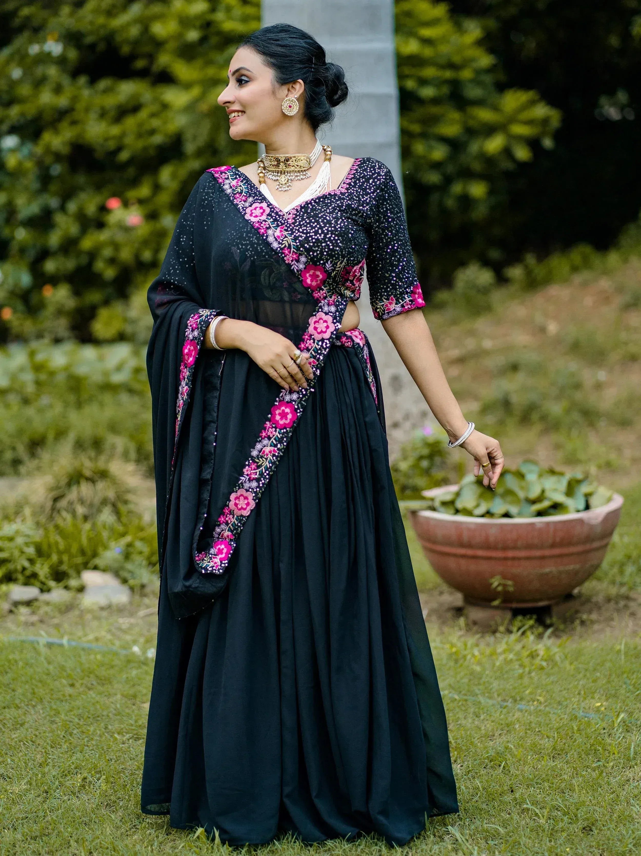 Elegant Black Embroidered Georgette Function Wear Lehenga Choli