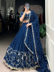 Stunning Firozi Silk Thread Embroidered Lehenga Choli With Dupatta