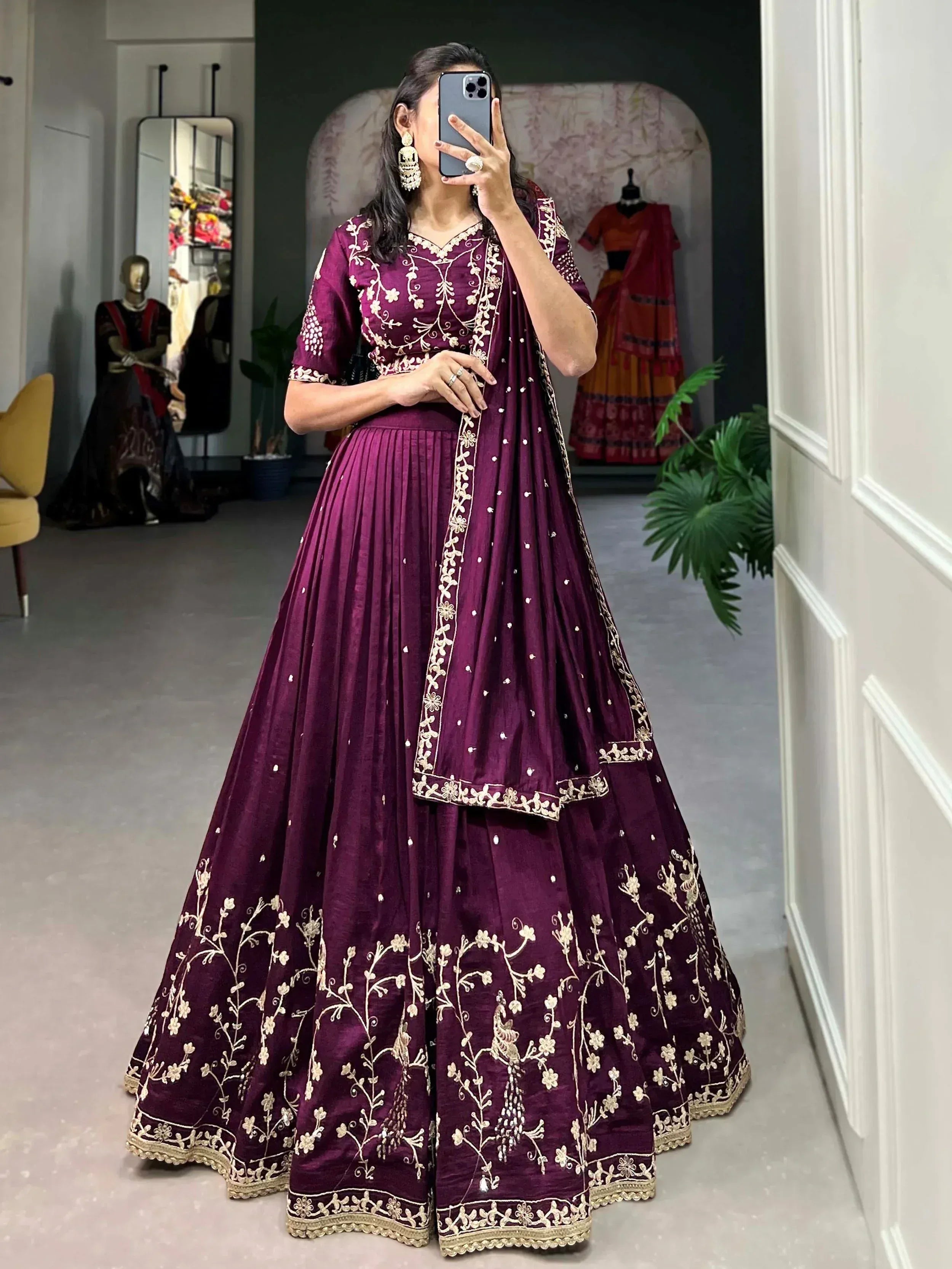Purple embroidered lehenga choli with gold floral work, perfect for Indian ethnic wear occasions