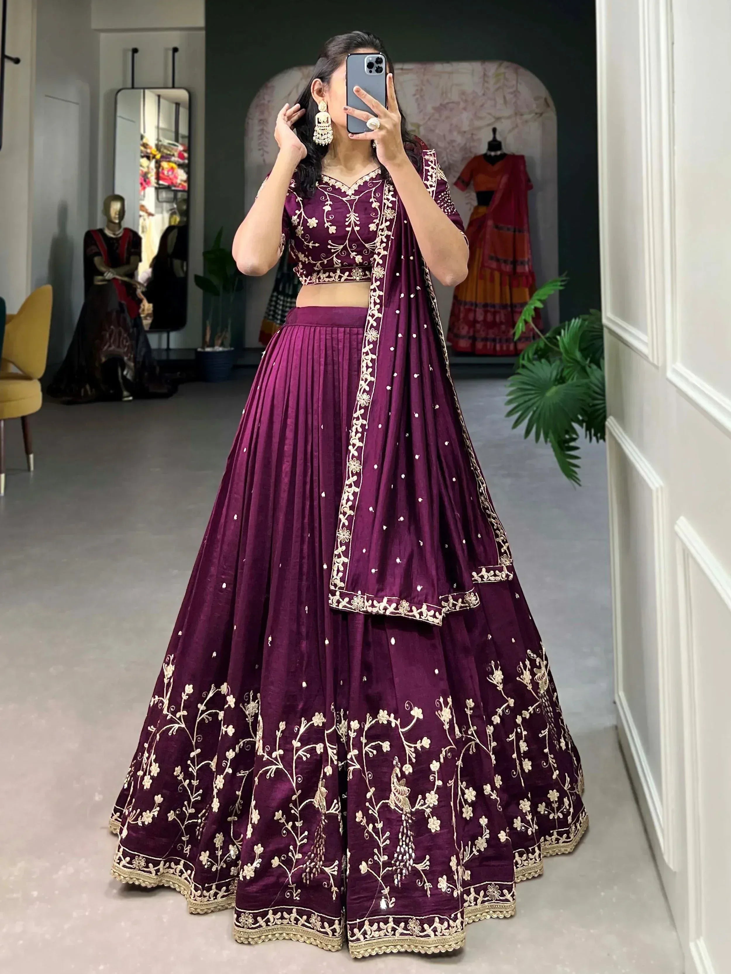 Elegant purple lehenga choli with gold embroidery, perfect for Indian ethnic wear occasions.
