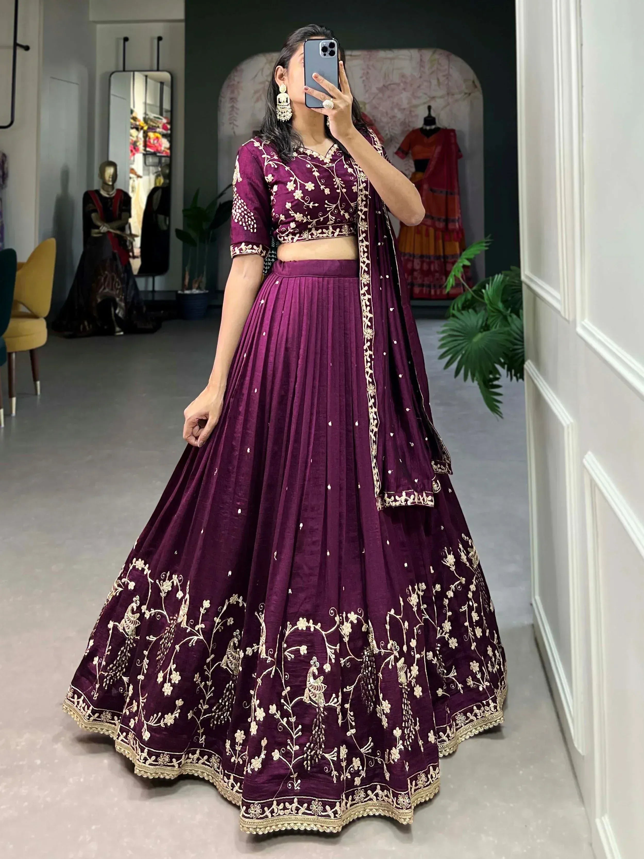 Elegant purple lehenga choli with gold floral embroidery, perfect for Indian ethnic wear