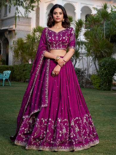Rich Wine Silk Sequins Embroidered Lehenga Choli With Dupatta