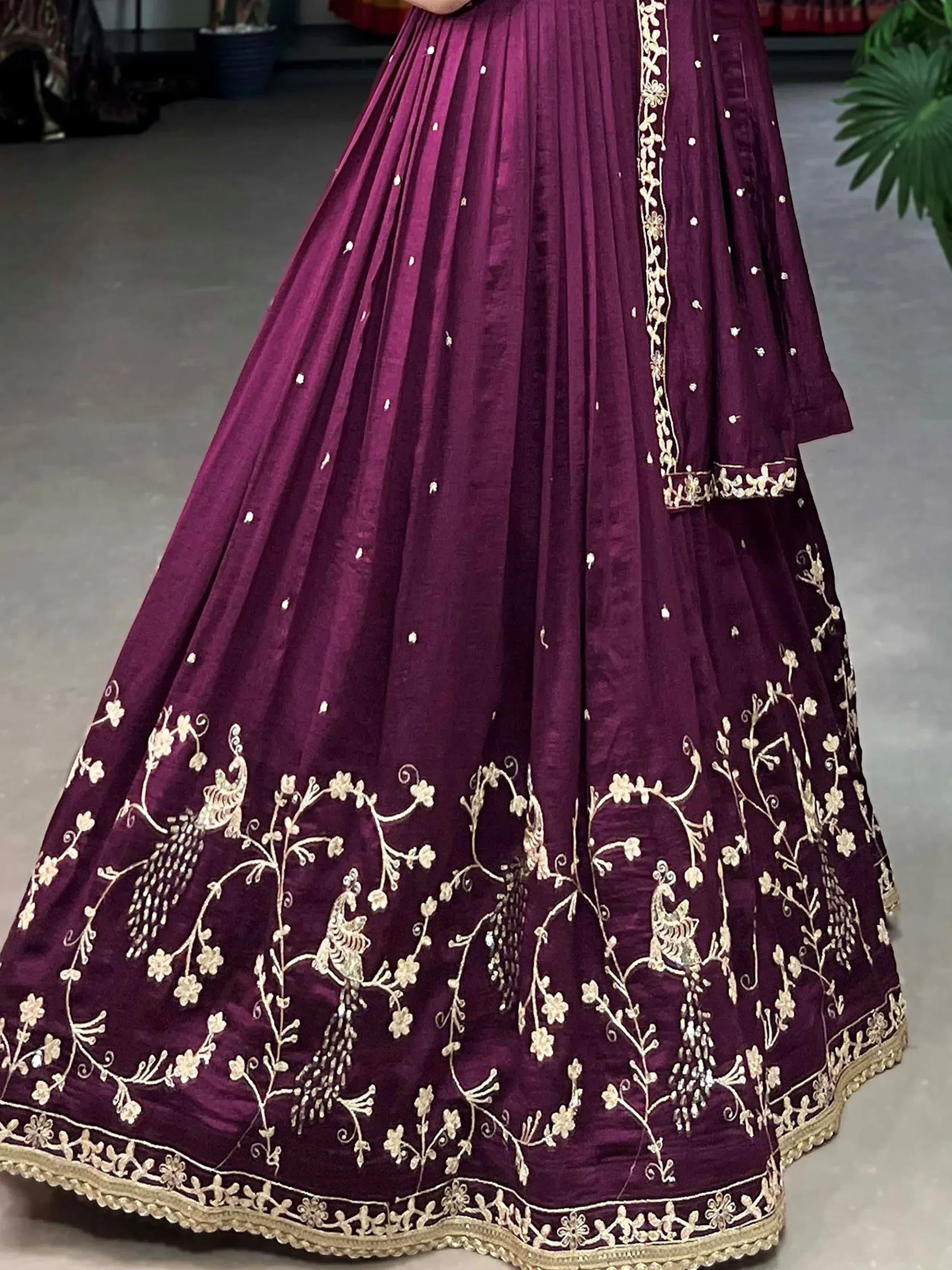 Purple velvet lehenga with gold peacock embroidery, Indian ethnic wear for weddings
