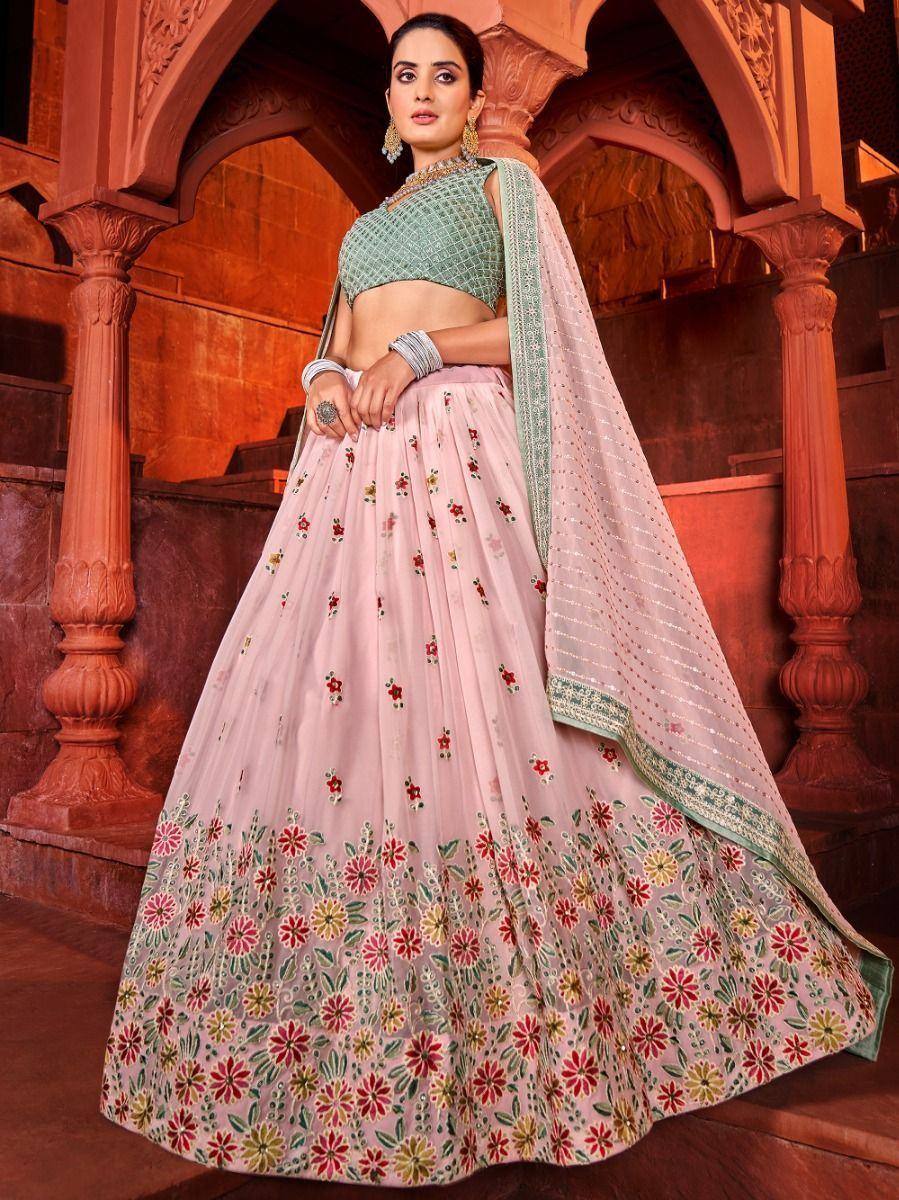 Pink floral lehenga choli with green blouse and dupatta, Indian ethnic wear for weddings