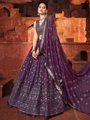 Phenomenal Wine Sequins Embroidered Georgette Lehenga Choli
