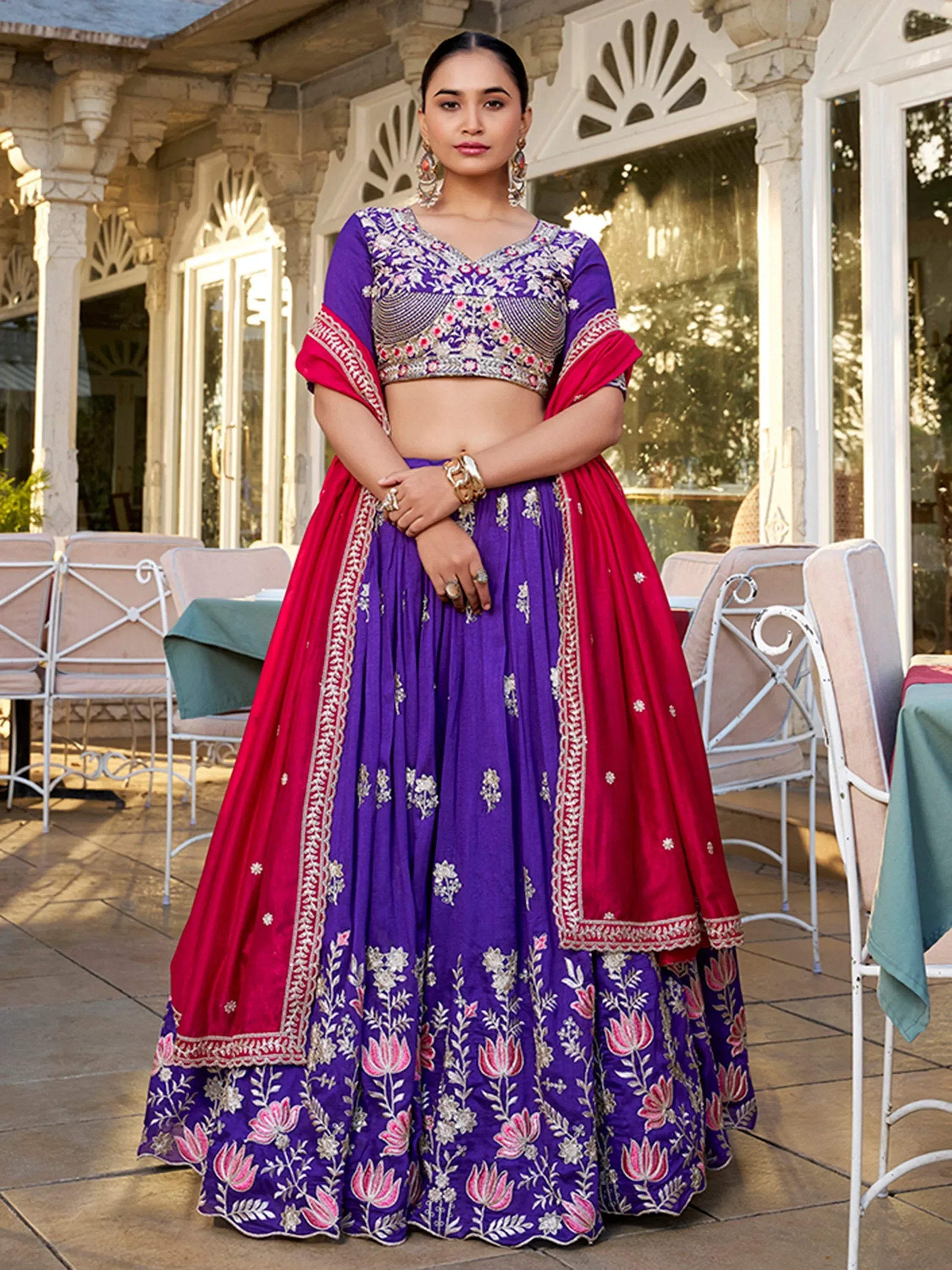 Elite Purple Embroidered Silk Wedding Wear Lehenga Choli With Dupatta