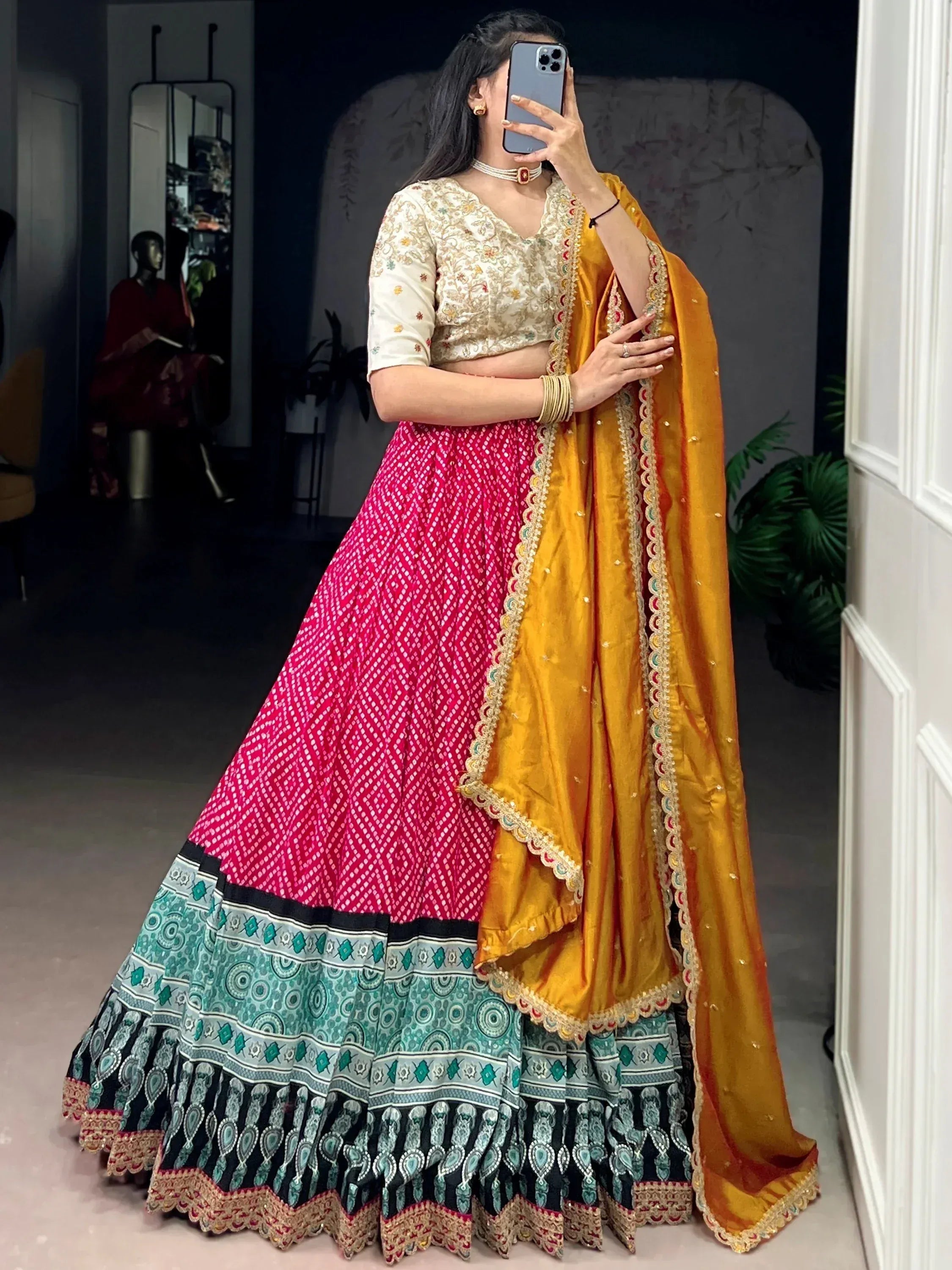 Awesome Pink Bandhani Printed Rayon Festival Wear Lehenga Choli