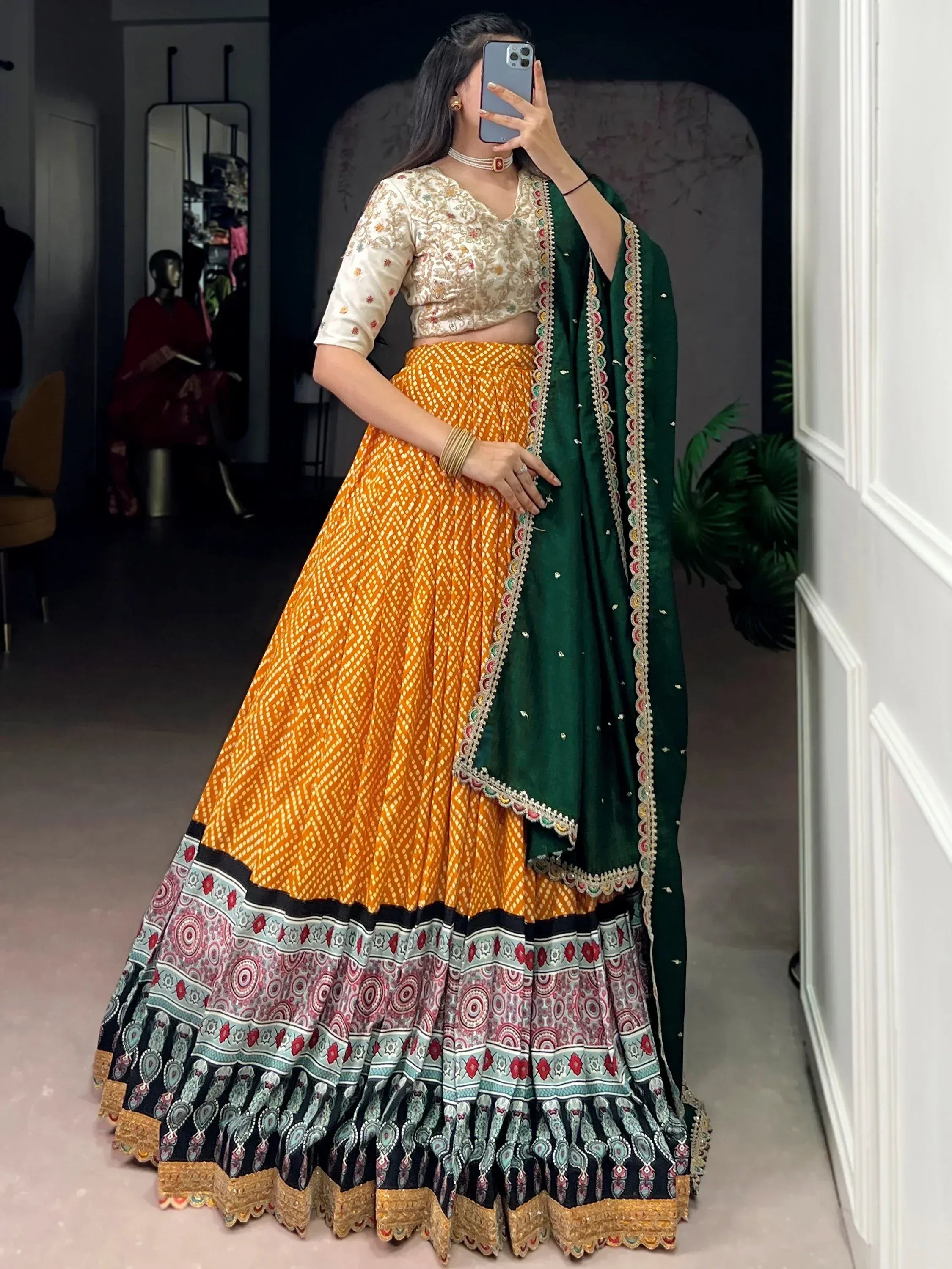 Gorgeous Yellow Bandhani Printed Rayon Haldi Wear Lehenga Choli