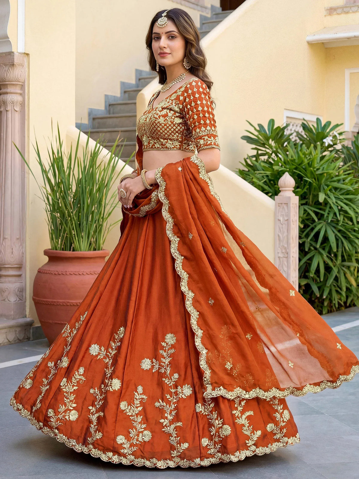 Precious Orange Embroidered Silk Wedding Wear Plus Size Lehenga Choli