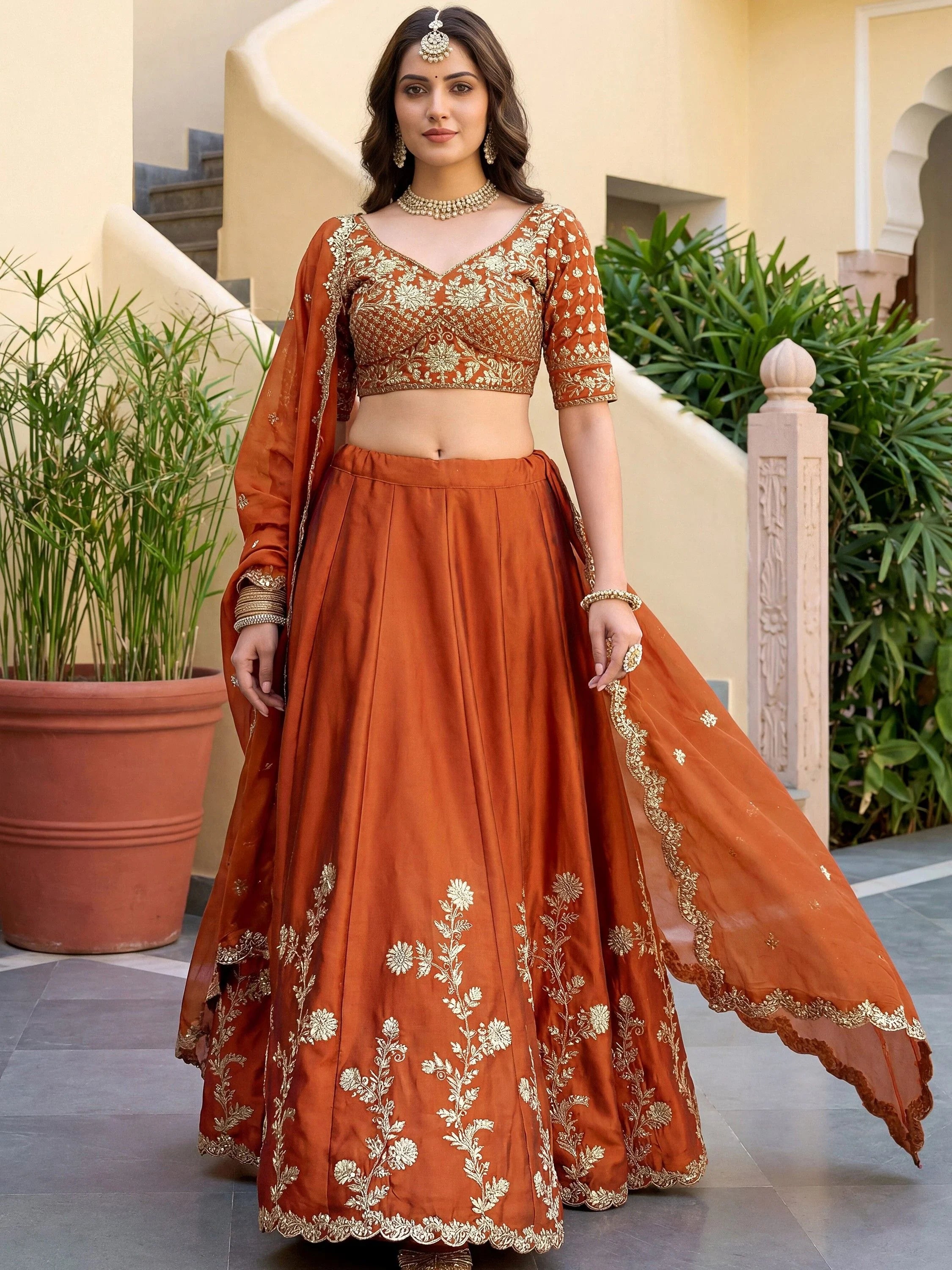 Precious Orange Embroidered Silk Wedding Wear Plus Size Lehenga Choli