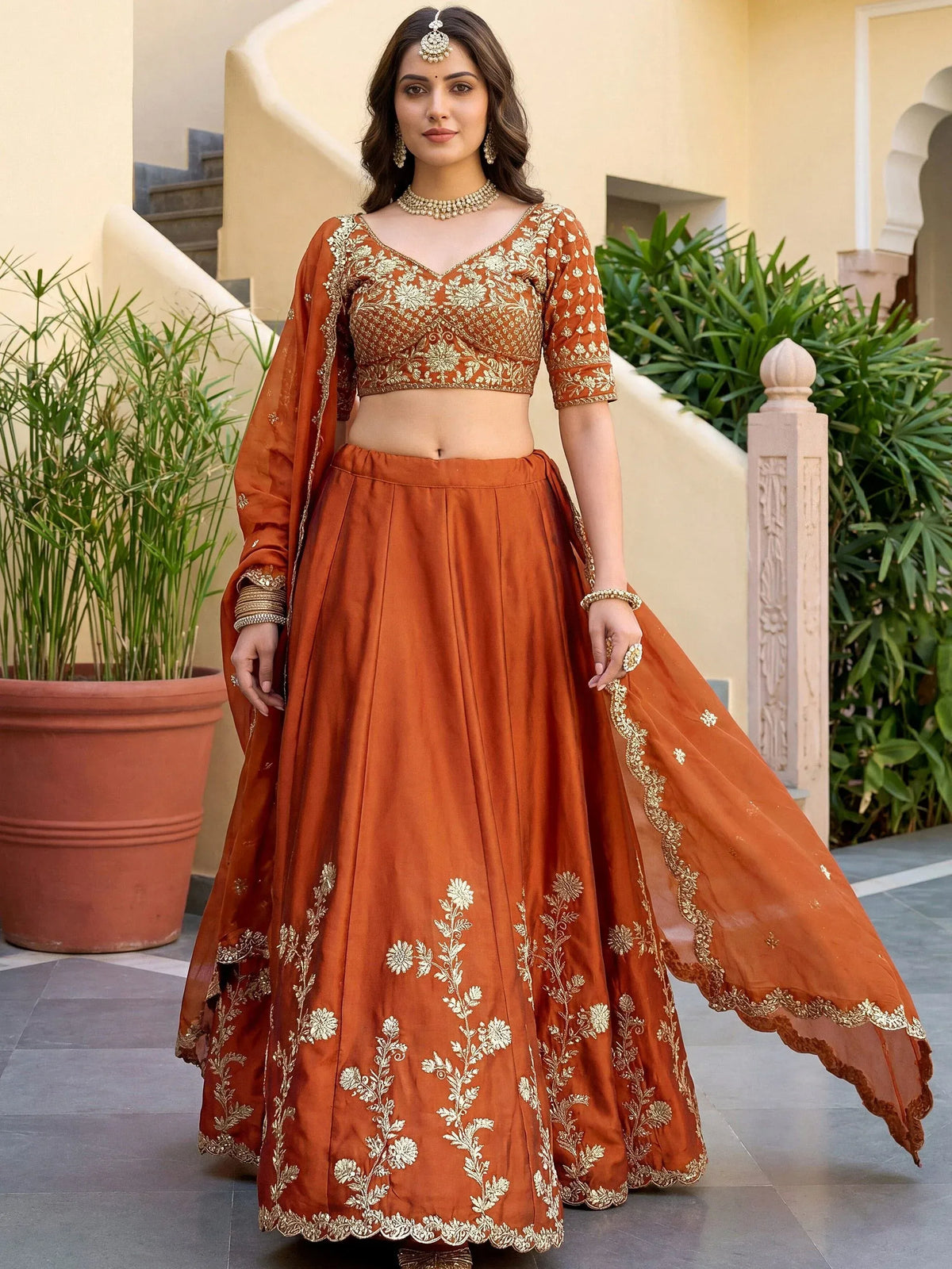 Precious Orange Embroidered Silk Wedding Wear Plus Size Lehenga Choli
